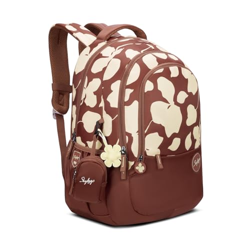 Skybags Stella 37L Brown Floral Print Casual Backpack for Girls with 3 Compartments & Adjustable Shoulder Strap | 16 Inch Padded Laptop Sleeve | Detachable Happy Pouch | Perfect for School & Travel