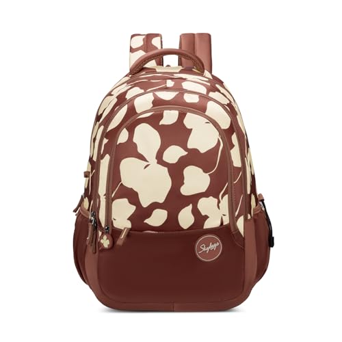 Skybags Stella 37L Brown Floral Print Casual Backpack for Girls with 3 Compartments & Adjustable Shoulder Strap | 16 Inch Padded Laptop Sleeve | Detachable Happy Pouch | Perfect for School & Travel