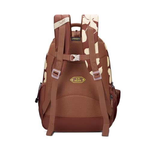 Skybags Stella 37L Brown Floral Print Casual Backpack for Girls with 3 Compartments & Adjustable Shoulder Strap | 16 Inch Padded Laptop Sleeve | Detachable Happy Pouch | Perfect for School & Travel