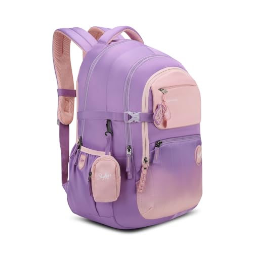 Skybags Riva 37L Purple Casual Backpack for Girls with 3 Compartments & Adjustable Shoulder Strap | 16 Inch Padded Laptop Sleeve | Detachable Happy Pouch & Secret Pocket | Perfect for School & Travel