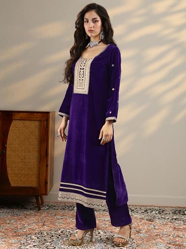 Libas Embroidered Velvet Straight Kurta Set for Women