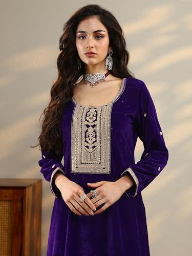 Libas Embroidered Velvet Straight Kurta Set for Women