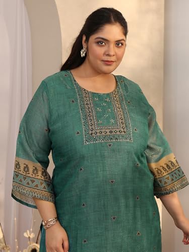 Extra Love By Libas Embellished Silk Blend Straight Kurta With Trousers With Dupatta (500494-3XL)