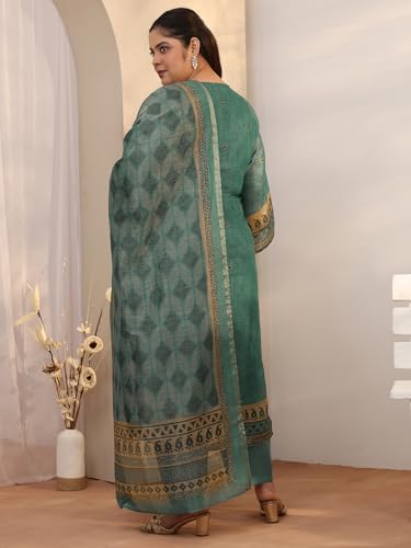 Extra Love By Libas Embellished Silk Blend Straight Kurta With Trousers With Dupatta (500494-3XL)