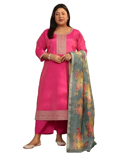 Plue Size Extra Love By Libas Embroidered Silk Blend Straight Kurta Set For Women (500524-3XL)
