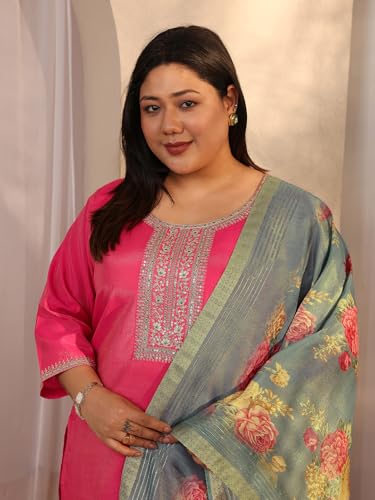 Plue Size Extra Love By Libas Embroidered Silk Blend Straight Kurta Set For Women (500524-3XL)