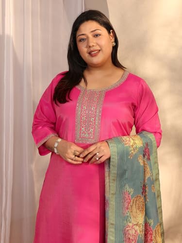 Plue Size Extra Love By Libas Embroidered Silk Blend Straight Kurta Set For Women (500524-3XL)