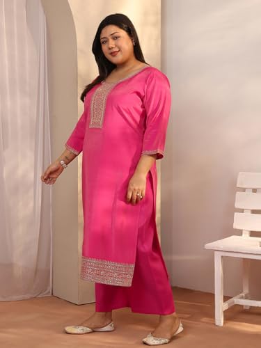 Plue Size Extra Love By Libas Embroidered Silk Blend Straight Kurta Set For Women (500524-3XL)