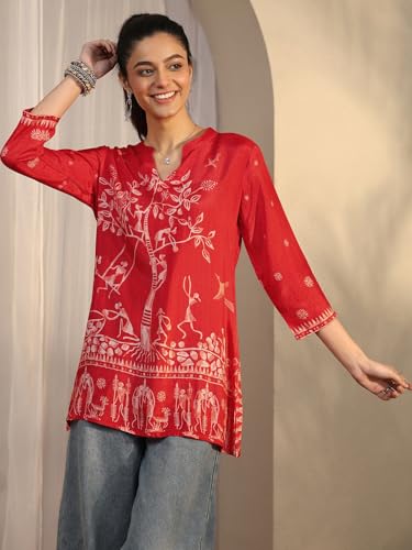 Libas printed silk blend straight short kurti for women, featuring vibrant patterns and a comfortable fit.