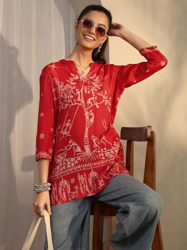 Libas printed silk blend straight short kurti for women, showcasing vibrant patterns and elegant design.