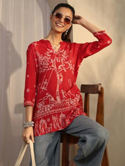 Libas printed silk blend straight short kurti for women, showcasing vibrant patterns and elegant design.