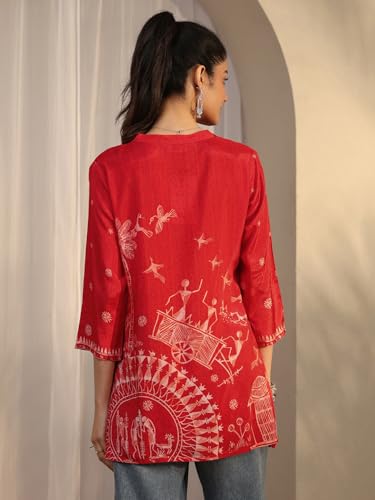 Libas printed silk blend straight short kurti for women, showcasing a vibrant design and comfortable fit in the image.