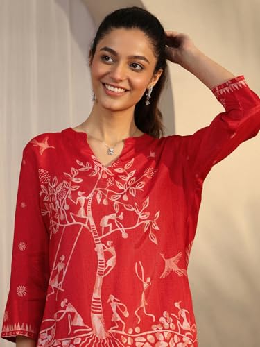 Libas printed silk blend straight short kurti for women, featuring colorful patterns and comfortable fit, ideal for casual wear.