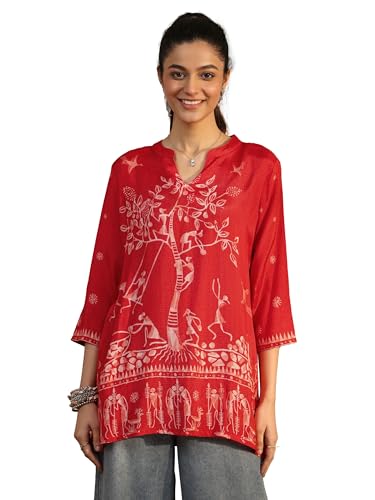 Libas printed silk blend straight short kurti for ladies, featuring a vibrant western design with floral patterns and a comfortable fit.