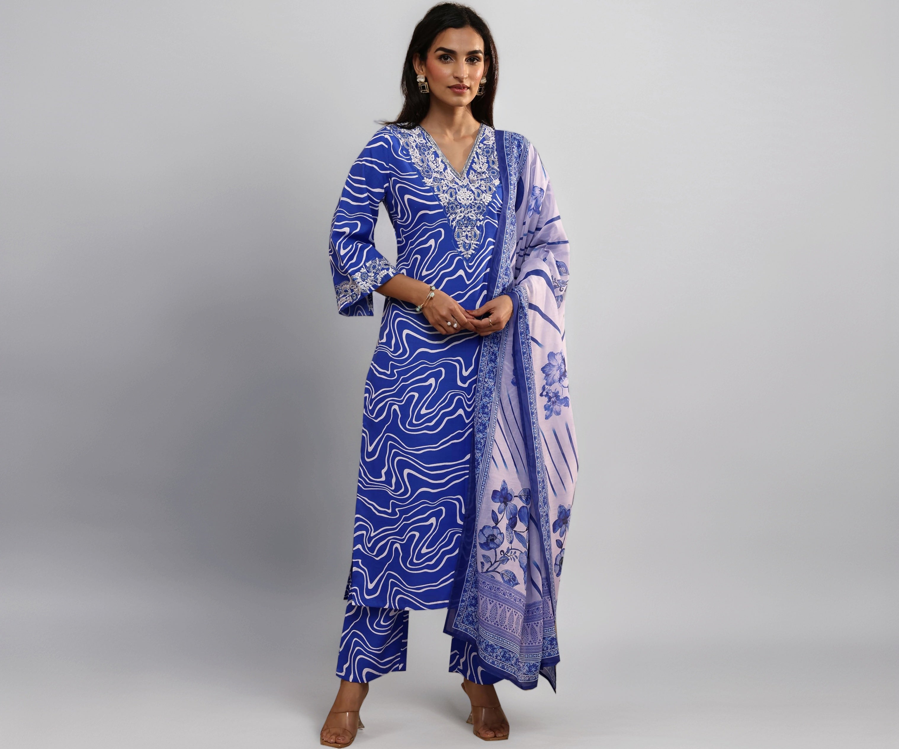 Libas Printed Cotton Blend Straight Kurta With Trousers and Dupatta-99835S