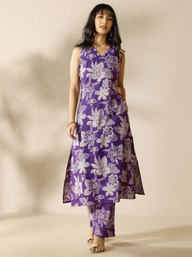 Libas printed silk blend straight co-ord set for women, includes kurti and matching bottoms, in vibrant floral pattern.