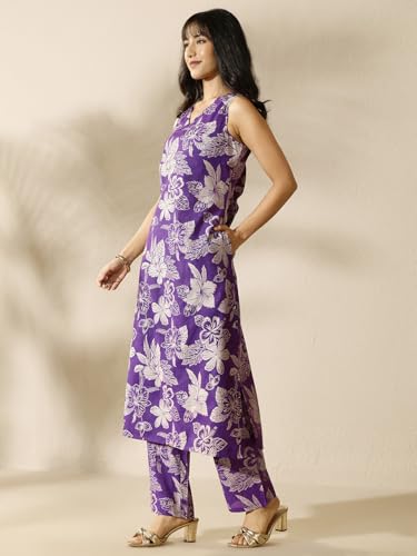 Libas printed silk blend straight co-ords set for women, 2-piece kurti set with floral patterns in vibrant colors.