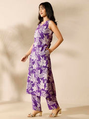 Libas printed silk blend straight co-ords set for women, 2-piece kurti set with floral patterns in vibrant colors.