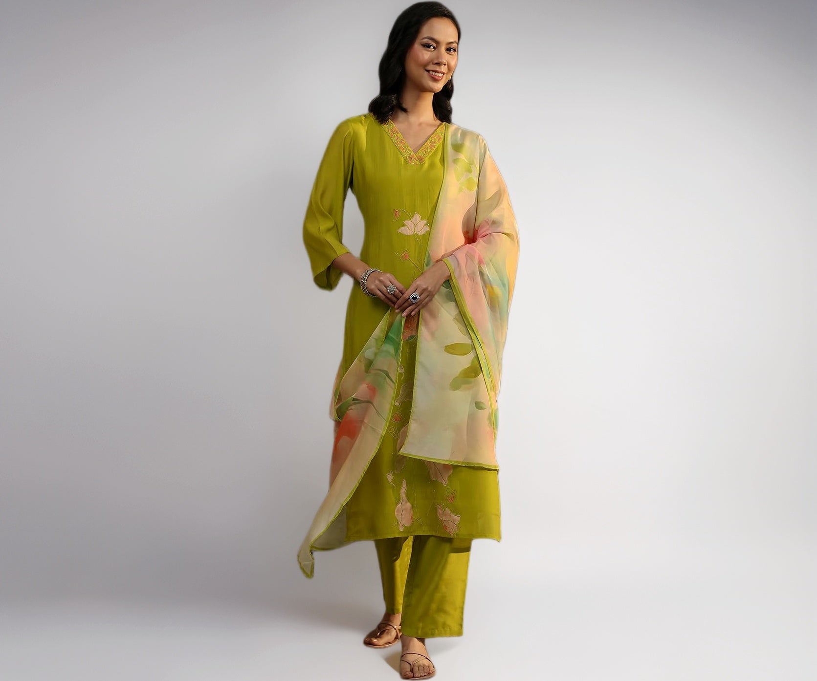 Libas Printed Chanderi Cotton Straight Kurta With Trousers and Dupatta-401444M