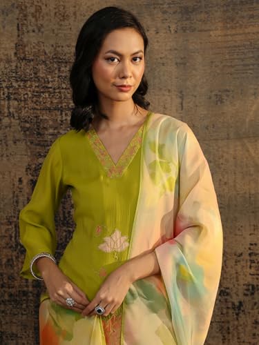 Libas Printed Chanderi Cotton Straight Kurta With Trousers and Dupatta-401444M