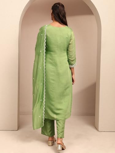 Libas Embroidered Chanderi Cotton Straight Kurta With Trousers and Dupatta-401450S