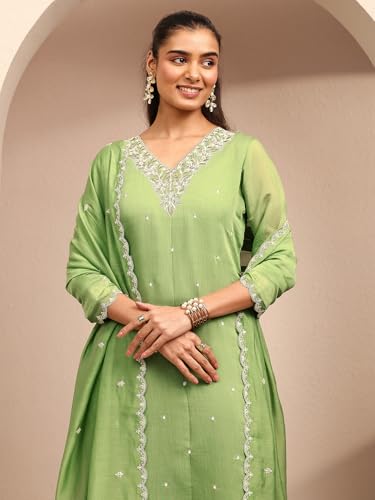 Libas Embroidered Chanderi Cotton Straight Kurta With Trousers and Dupatta-401450S
