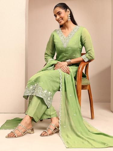 Libas Embroidered Chanderi Cotton Straight Kurta With Trousers and Dupatta-401450S