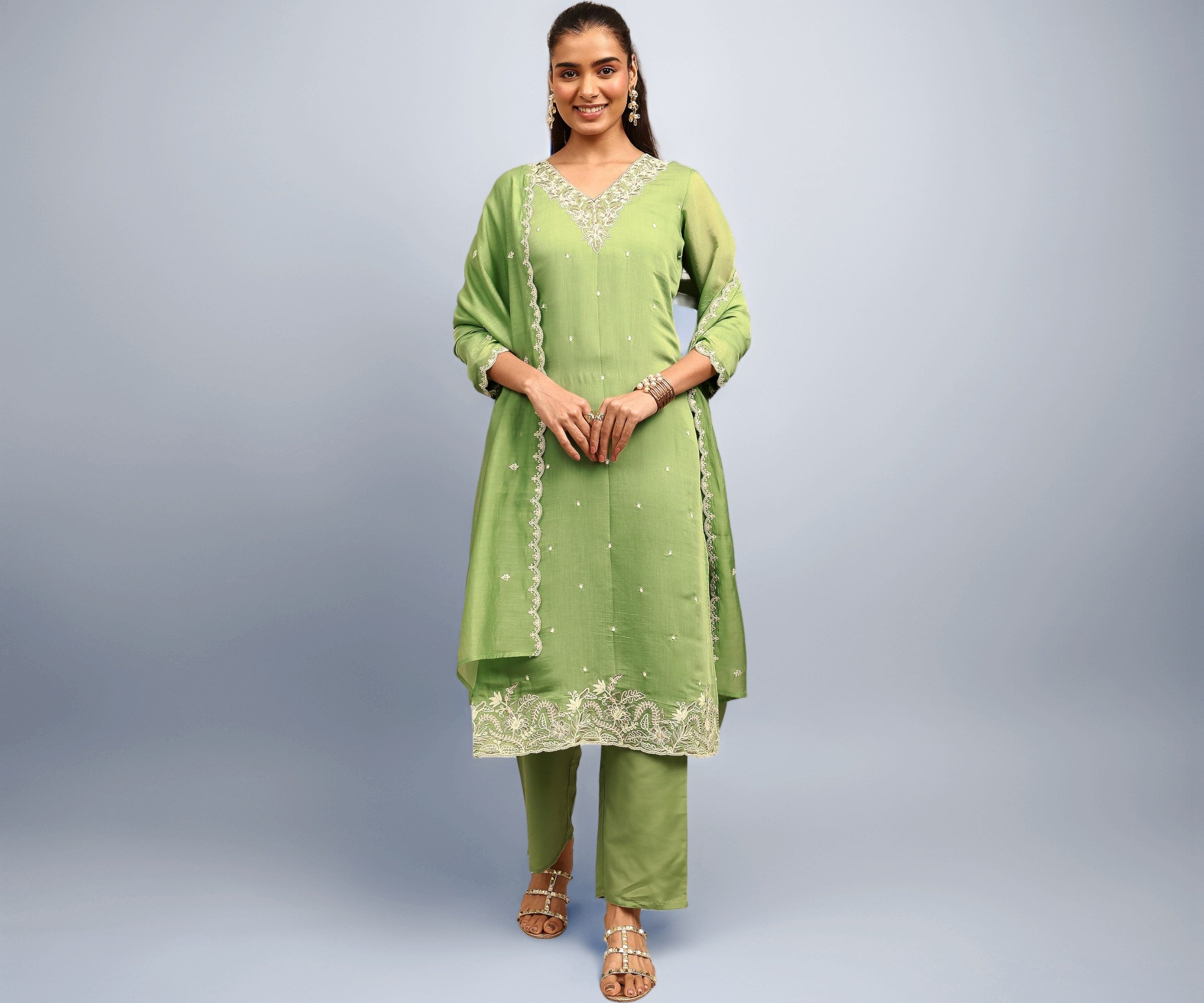 Libas Embroidered Chanderi Cotton Straight Kurta With Trousers and Dupatta-401450S