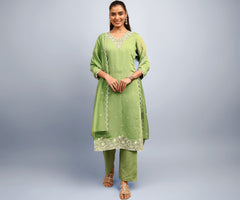 Libas Embroidered Chanderi Cotton Straight Kurta With Trousers and Dupatta-401450S