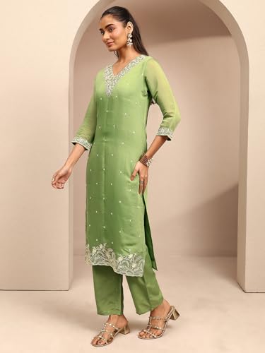 Libas Embroidered Chanderi Cotton Straight Kurta With Trousers and Dupatta-401450S