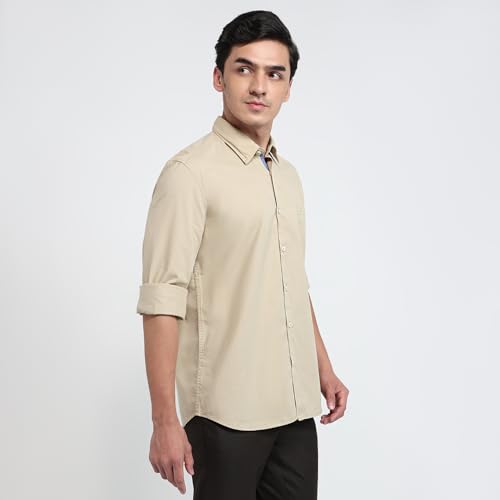 Parx Men Slim Fit Solid Pattern Pure Cotton Semicutaway Collar Full Sleeve Casual Shirt Brown