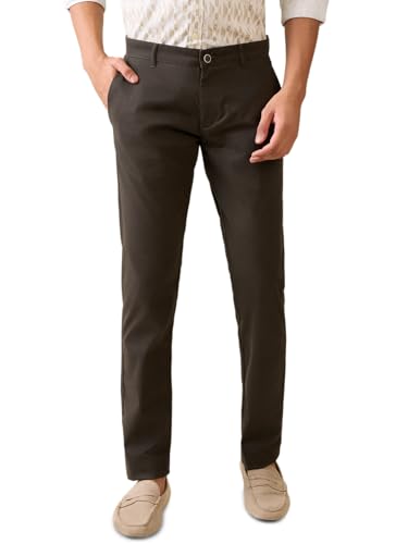 Parx Men Low Rise Tapered Fit Solid Pattern Cotton Blend Flat Front Casual Trouser (Size: 30)-XMTD03646 Dark Green