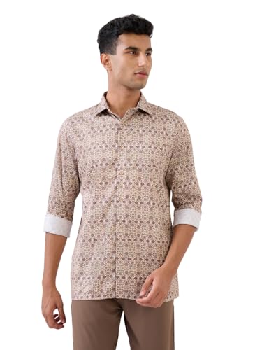 Park Avenue Men Regular Fit Print Pattern Pure Cotton Semicutaway Collar Full Sleeve Formal Shirt (Size:40)-PISK00771-F4 Fawn