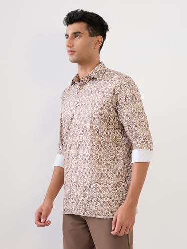 Park Avenue Men Regular Fit Print Pattern Pure Cotton Semicutaway Collar Full Sleeve Formal Shirt (Size:40)-PISK00771-F4 Fawn