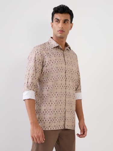 Park Avenue Men Regular Fit Print Pattern Pure Cotton Semicutaway Collar Full Sleeve Formal Shirt (Size:40)-PISK00771-F4 Fawn