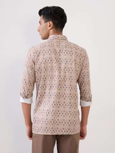 Park Avenue Men Regular Fit Print Pattern Pure Cotton Semicutaway Collar Full Sleeve Formal Shirt (Size:40)-PISK00771-F4 Fawn