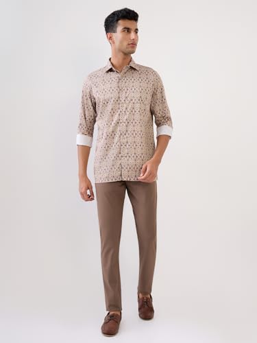Park Avenue Men Regular Fit Print Pattern Pure Cotton Semicutaway Collar Full Sleeve Formal Shirt (Size:40)-PISK00771-F4 Fawn