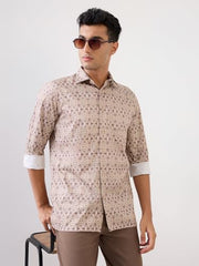 Park Avenue Men Regular Fit Print Pattern Pure Cotton Semicutaway Collar Full Sleeve Formal Shirt (Size:40)-PISK00771-F4 Fawn