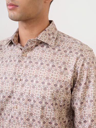 Park Avenue Men Regular Fit Print Pattern Pure Cotton Semicutaway Collar Full Sleeve Formal Shirt (Size:40)-PISK00771-F4 Fawn