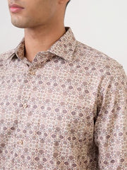 Park Avenue Men Regular Fit Print Pattern Pure Cotton Semicutaway Collar Full Sleeve Formal Shirt (Size:40)-PISK00771-F4 Fawn