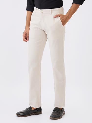Parx Men Slim Tapered Fit Solid Pattern Pure Cotton Flat Front Casual Trouser XMTT03721-N6 White
