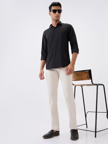 Parx Men Slim Tapered Fit Solid Pattern Pure Cotton Flat Front Casual Trouser XMTT03721-N6 White