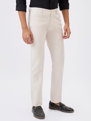 Parx Men Slim Tapered Fit Solid Pattern Pure Cotton Flat Front Casual Trouser XMTT03721-W1 White