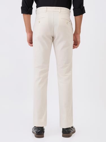 Parx Men Slim Tapered Fit Solid Pattern Pure Cotton Flat Front Casual Trouser XMTT03721-W1 White