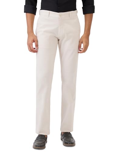 Parx Men Slim Tapered Fit Solid Pattern Pure Cotton Flat Front Casual Trouser XMTT03721-W1 White