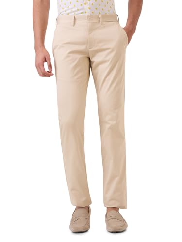 Parx Men Low Rise Tapered Fit Solid Pattern Cotton Blend Flat Front Casual Trouser XMTX03723-F2 Yellow