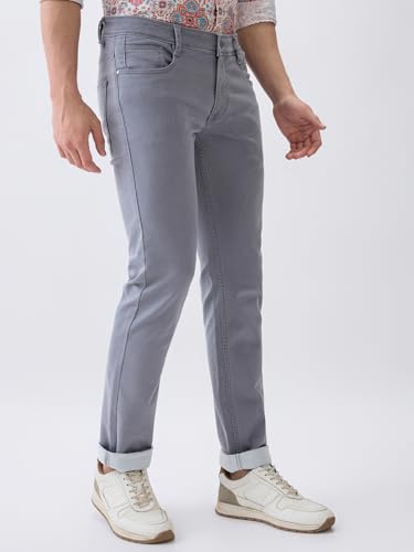 Parx Men Low Rise Tapered Fit Knitted Pattern Cotton Polyester Blend Flat Front Jeans (Size: 38)-XCYA03086-G4 Medium Grey