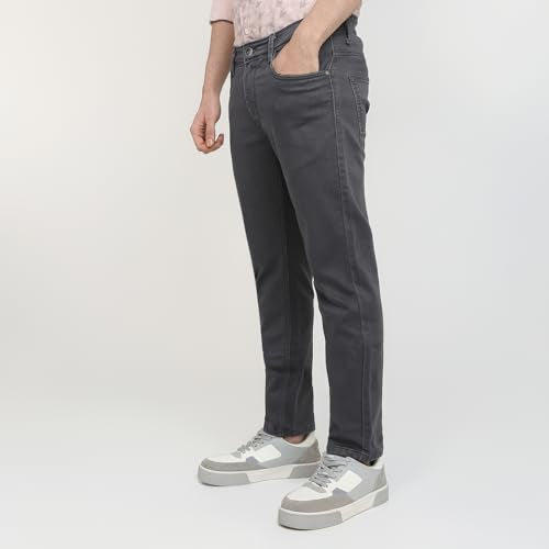 Parx Men Low Rise Tapered Fit Knitted Pattern Cotton Polyester Blend Flat Front Jeans (Size: 42)-XCYA03089-G6 Dark Grey