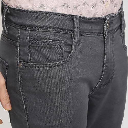 Parx Men Low Rise Tapered Fit Knitted Pattern Cotton Polyester Blend Flat Front Jeans (Size: 42)-XCYA03089-G6 Dark Grey