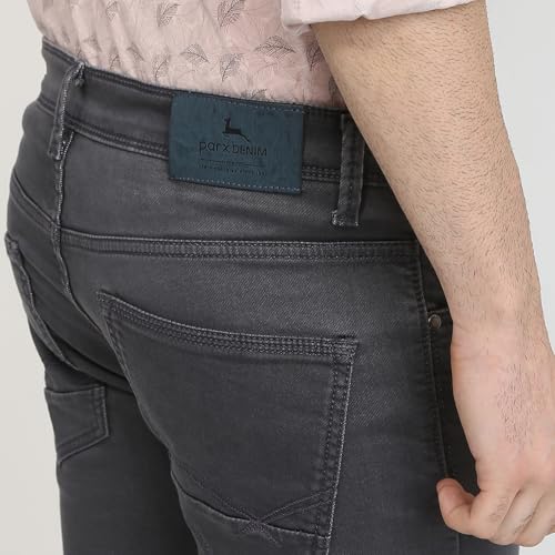 Parx Men Low Rise Tapered Fit Knitted Pattern Cotton Polyester Blend Flat Front Jeans (Size: 42)-XCYA03089-G6 Dark Grey